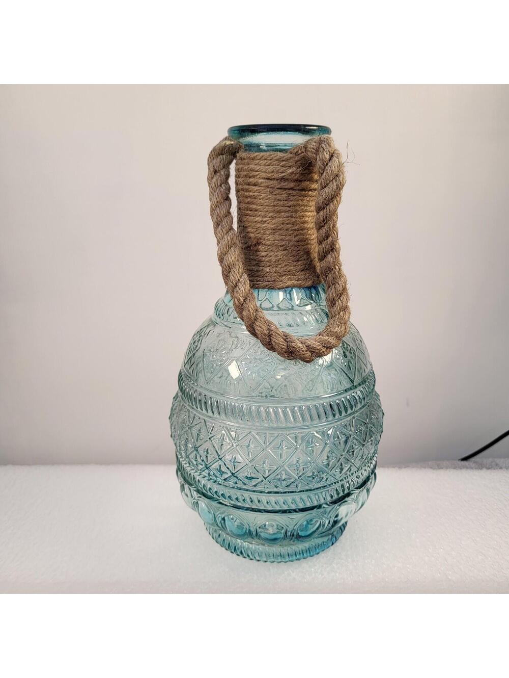 turquoise teal  vase, geometric molded pattern, jute hanging rope handle